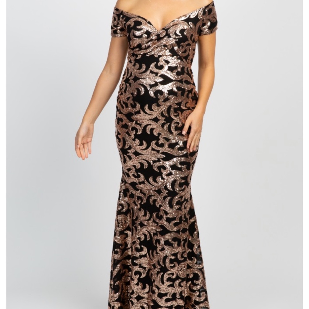 Black sequin off the shoulder maternity dress